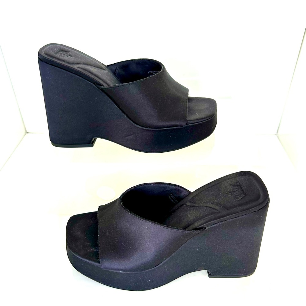 Zara Black Satin Platform Wedge Shoes